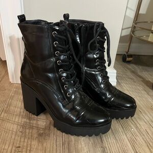 Black Latex Chunky Heel Lace-Up Combat Boots